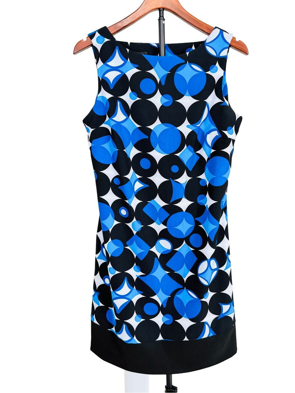 Retro Mod Geometric Dress Sleeveless Sheath knee length Blue Black sz 10 medium